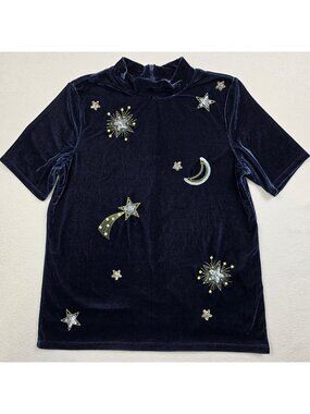 Boden 13-14Y Girls Velvet Navy Star Moon Celestial Embroidered Sequin Top